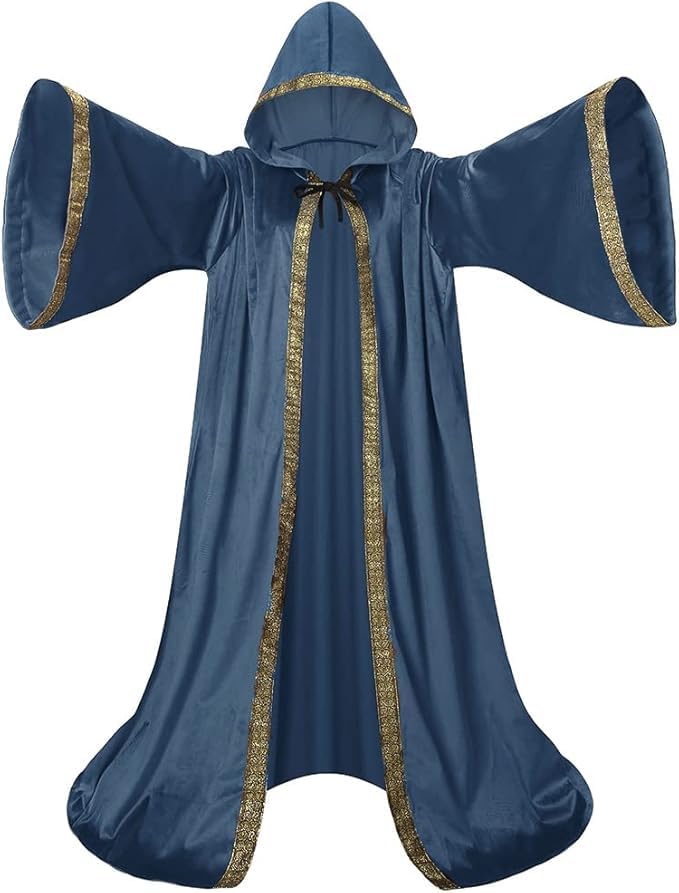 DELIVESS Unisex Velvet Wizard Robe Wizard Cloak Cosplay Renaissance Costume Halloween (59.06", Blue) โ image 1