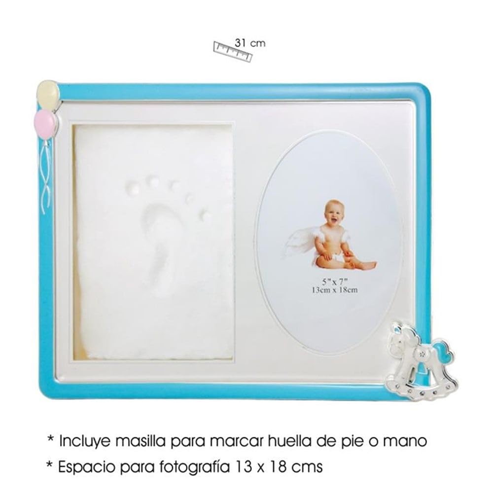 Marco de Fotos para Bebé 31 cm. para poner huella color azul detalle caballito