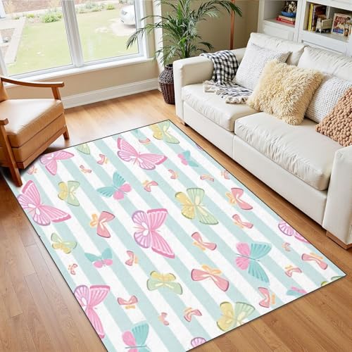 4x5 Pink Boho Rug Rugs for Living Room Rugs for Entryway Girly Butterfly Pattern Seamless Cute Spring Bedroom Rug Door Mat Nursery Room Decor Rainbow Carpet