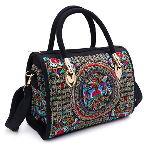 Sac fourre-tout brodé floral pour femme | Grand cabas toile ethnique