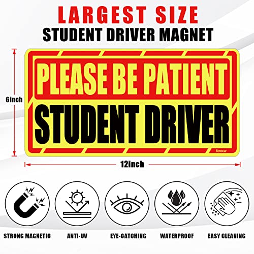 Image of Student Driver Car Magnet, 2 Pack Super Large Please Be Patient Student Driver Signs for Car, Reflective New Driver Vehicle Bumper Magnetic Sticker, Novice Driver Safety Warning Sign, 12x6in