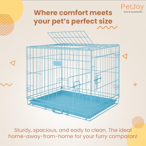Image of PETJOY Foldable Metal Dog Cage | Dog Crate Kennel for Puppies, Small Dogs, Cats & Rabbits | Single Door with Secure Lock, Removable Leak-Proof Tray | Portable & Easy to Clean Pet Cage (Blue, 30 INCH)
