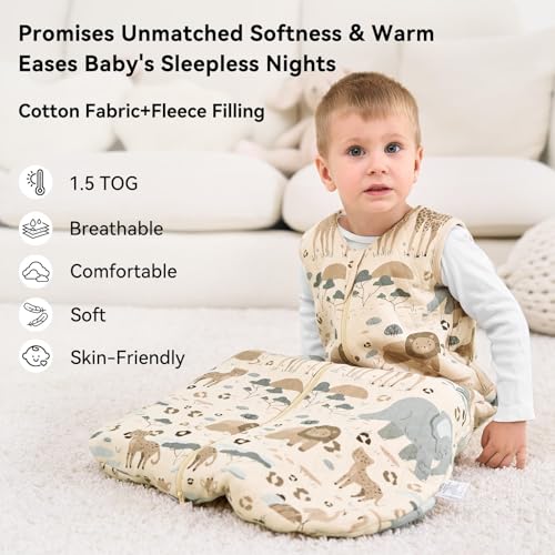 Image of Baby Sleep Sack 6-12 Months 1.5 Tog Baby Wearable Blanket 100% Cotton Fabric Warm Sleeping sack with 2-Way Zipper Quilted for Infant Newborn Tog Apricot Elephant