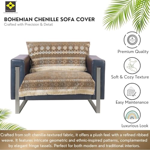 Image of Elegant Woven Brown Sofa Cover - Soft Chenille Traditional Pattern with Lace Style | L-Shape Sectional Seat Protector for Living Room | Durable & Stylish Slipcover 1 Seater