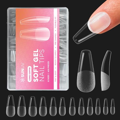 SUNUV Long Coffin Nail Tips 600 PCS Pre-shaped Full Cover Fake Nails Acrylic Press On Nails for Salon and DIY at Home
