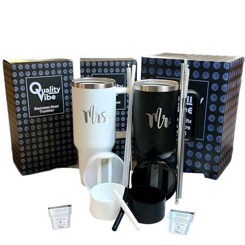 QualityVibe Mr & Mrs Wedding Gift 40 oz Engraved tumbler Set Of 2 For couples With Straw & Brush. Engagement or Christmas Gift Set For Bride & Groom.