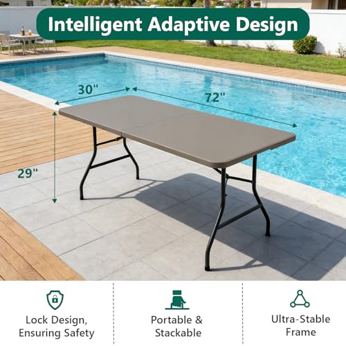 MAKE CHANGES Folding Table 6ft - Heavy Duty Plastic Table with Handle, Foldable & Portable, Fold-in-Half Utility Tables for Outdoor, Dining, Wedding, Events, Indoor, Picnic, Camping, Party (Khaki) by MAKE CHANGES - Image 5