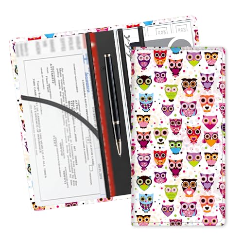 ADUQLZUX Leather Car Registration and Insurance Card Holder, Cute Car Accessories Vehicle Glove Box Car Organizer for Documents, Cards, License Cute Colorful Owls