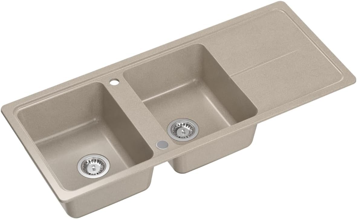 QUADRON NEAL 121 Fregadero de granito para cocina, tamaño: 116 x 50 x 20,5 cm, color: beige, fregadero de cocina de un seno, fregadero de cocina de dos senos, fregadero de dos cámaras con sifón manual