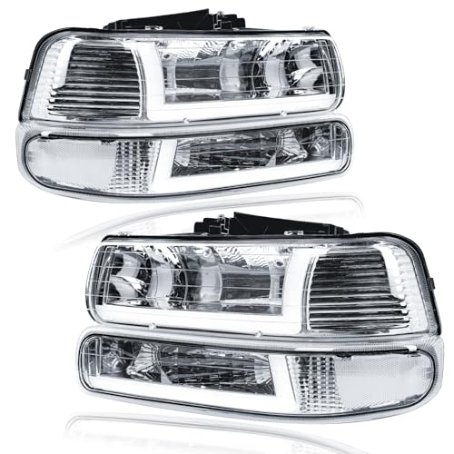 Fullux LED DRL Headlights Assembly for 1999-2002 Chevy Silverado 1500 2500 1500HD 2500HD 3500HD 2000-2006 Suburban Tahoe Headlamp Clear Reflector Chrome Housing