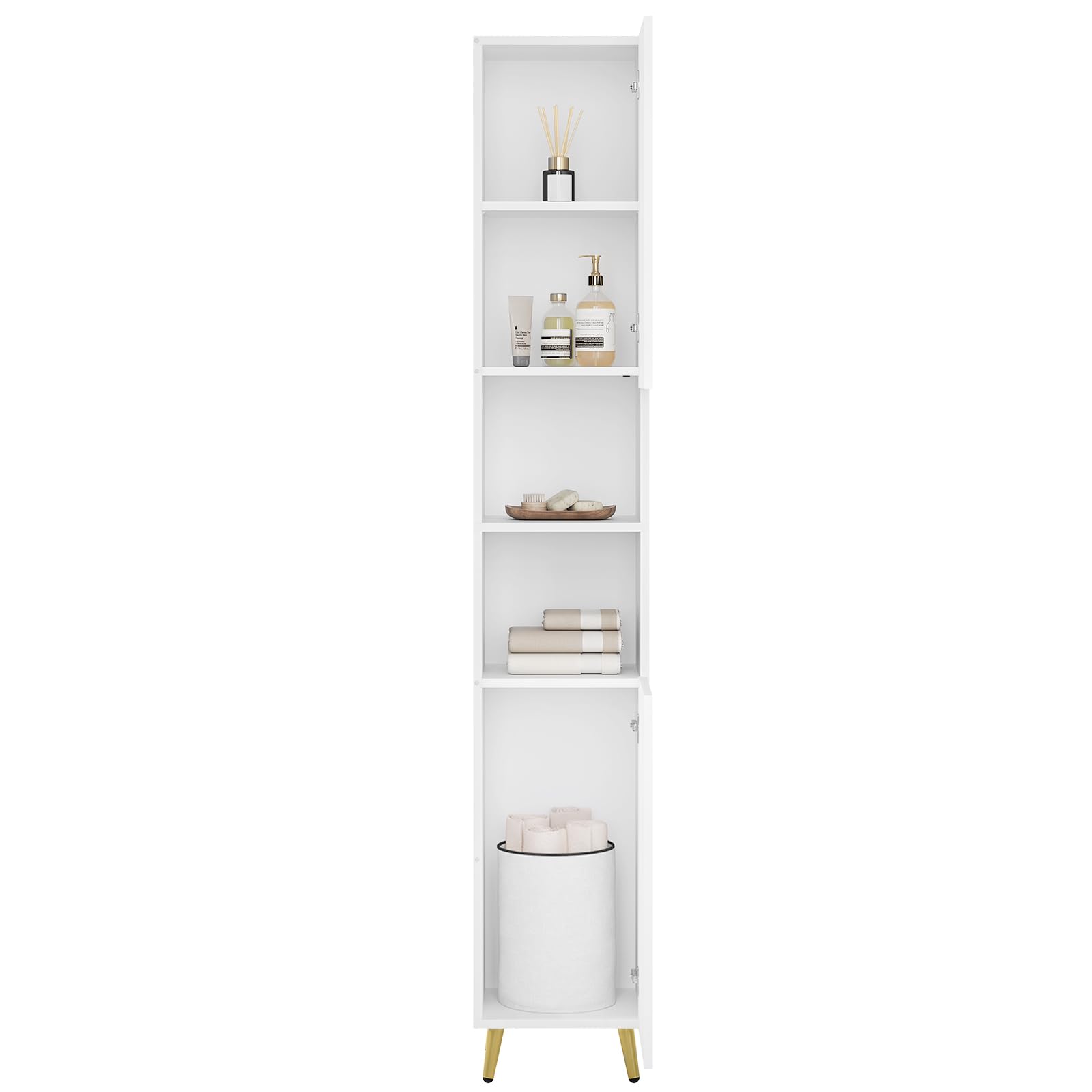 eSituro Mobile da Bagno Alto, Mobile da Bagno con Scomparti Aperti con 2 Ante, Ripiano Regolabile, Gambe in Metallo Dorato, Bianco, 30x28x180 cm