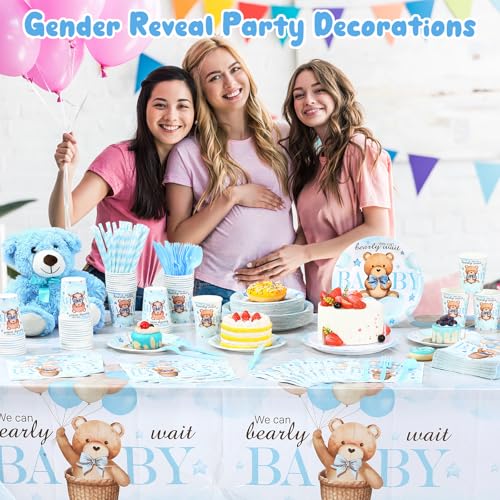 Image of Funnymoom 452 Pcs 50 Guests We Can Bearly Wait Baby Shower Decorations Boy, Blue Baby Boy Shower Paper Plates Napkins Cups Tablecloth Cutlery Straws Tableware Set for Gender Reveal Party Supplies