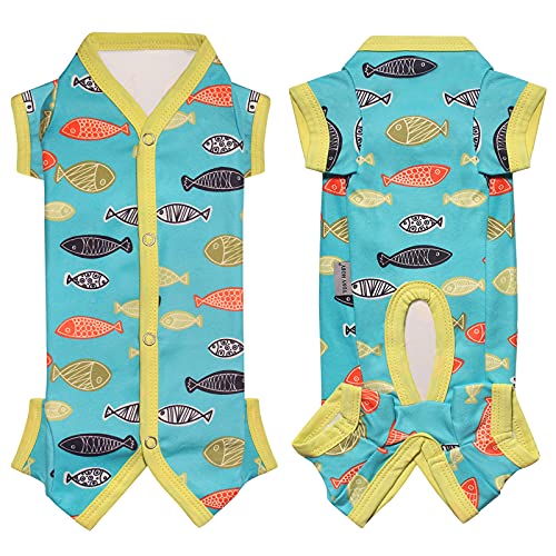 TONY HOBY 犬用術後服 オス/メス別け 可愛い魚柄 傷口保護 犬の介護服 100%デベルベット生地 柔らかい 犬術後用パジャマ 軽くて快適 秋冬防寒用 部屋着