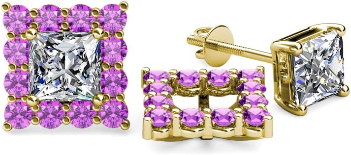 Amethyst Halo Jackets for Princess Stud Earrings 0.72 ctw 14K Gold
