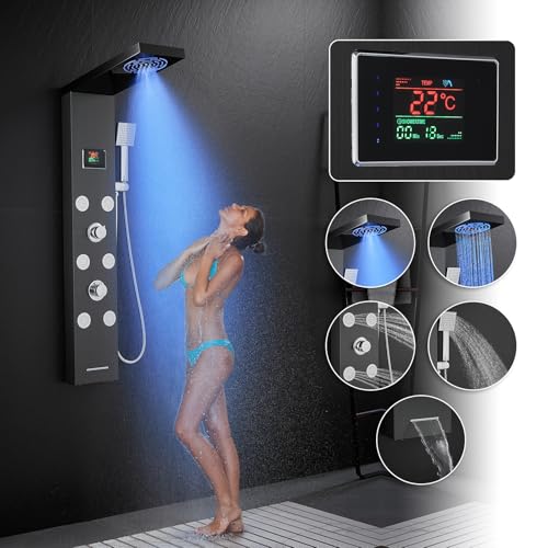KEOKBON No Need Battery LED Shower Panel Tower System with Temp & Shower Time Display, 5 Massage Modes - Rainfall, Mist Shower 6 Body Jets Angle Adjustable Hand and Tub Spout-Stainless Steel Black