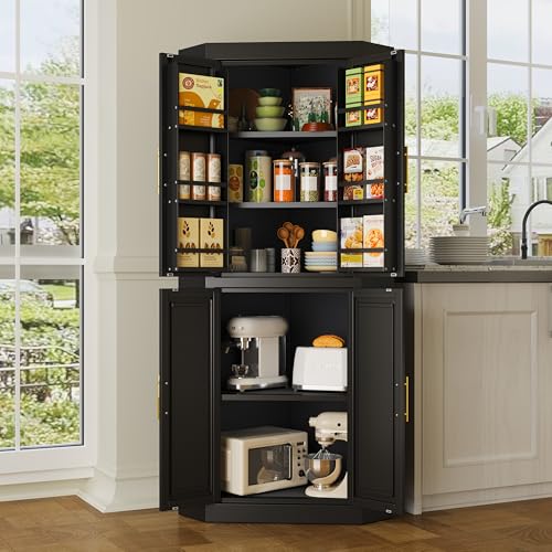 Image of GAIOUS 63 inch Tall Metal Corner Kitchen Pantry Cabinet, Steel Storage Cabinets with 4 Doors and 3 Shelves, Kitchen Food Cabinets with 6 Door Panel Shelves, Farmhouse Cupboard for Kitchen Dining, Black