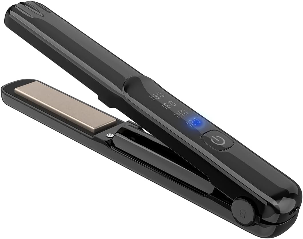 Cordless Hair Straightener and Curler, 2 in 1 Portable Mini Flat Iron & Curling, Fast Heating & Titanium Plate with 4 Adjustable Temp, Travel Size and USB Rechargeable with Pouch (Black)
