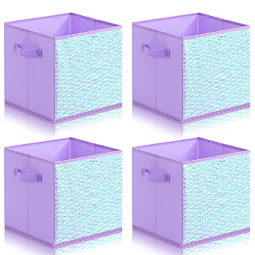 Image of ELUCHANG Foldable Sequin Storage Basket Bin Closet Cubes Kids Toys Organizer Boxes, Collapsible Fabric Cubby Storage Bins for Girls,Organizing,Babies,Nursery,Shelves 11x11x11 (Purple,4PCS)