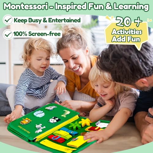 Image of Qizfun Toddler Busy Board Montessori Toys - Sensory Busy Book, Educational Learning Travel Toy for Airplane & Car, Keeps Toddlers Engaged, Birthday Gifts for Toddler Boys Girls
