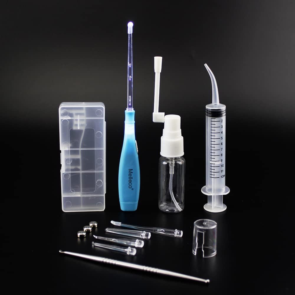 Melleco Upgraded 6.75" Tonsillith Pick Tonsil Stone Remover Tool Care, Blue + Cleaning Irrigator Syringe + Stainless Steel Pick + Throat Nose Nasal Mist Pump Bottle