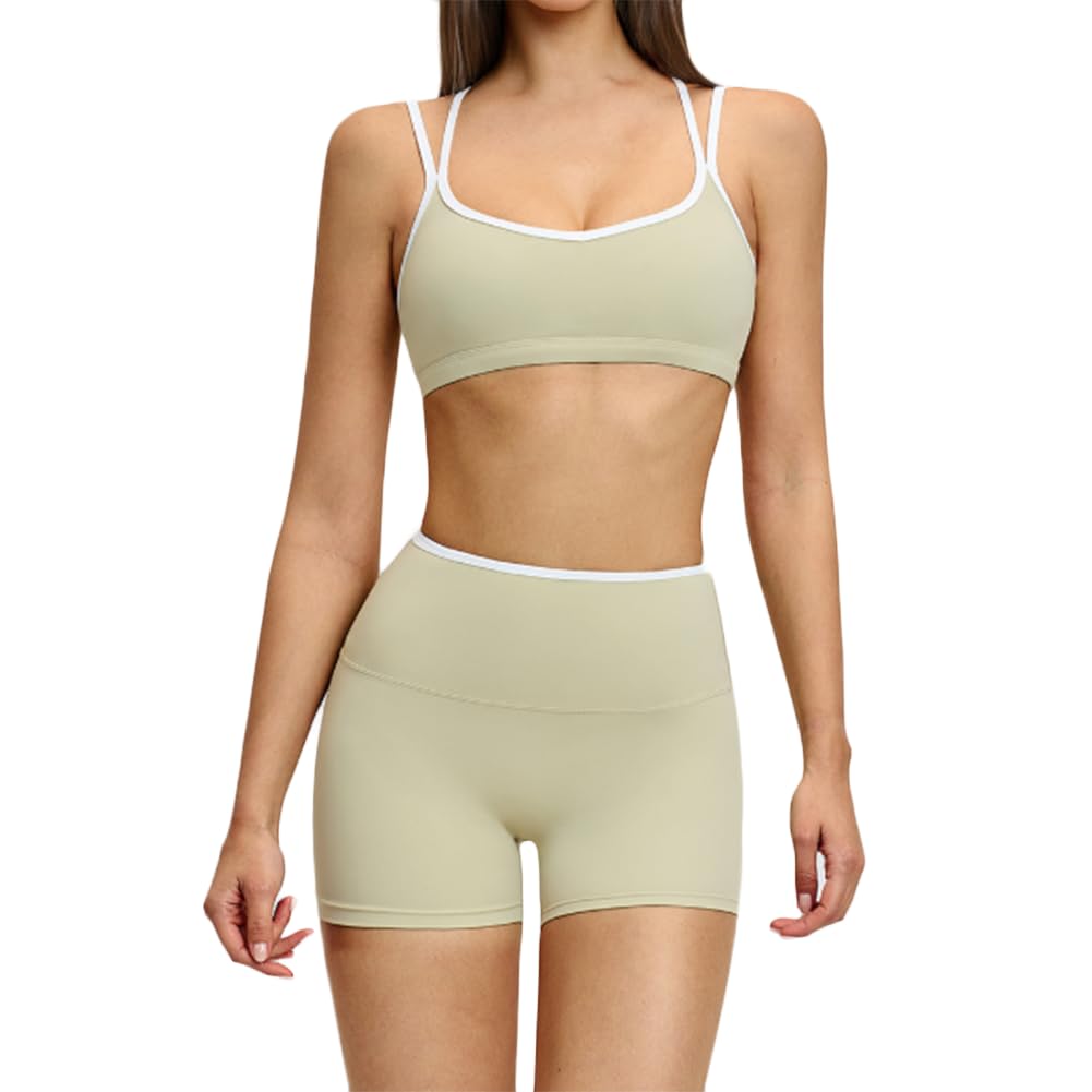 JPXJGT Sports Running Fitness Two-Piece Set Double-Sided Sanding Contrast Tight Breathable Cross Yoga Shorts (Size:L,Color:Green)