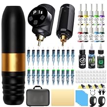 Tattoo Kit Tattoo Gun Wireless Tattoo Machine with 2 Batteries, Tattoo Ink Color Set, 20Pcs Tattoo Needles Accessories Tattoo kit Complete for Beginners Gold