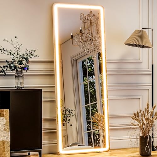 64" X 21" Full Length LED Mirror With Stand - Touch Control, 3 Light Colors, Aluminum Frame, Wall Mountable