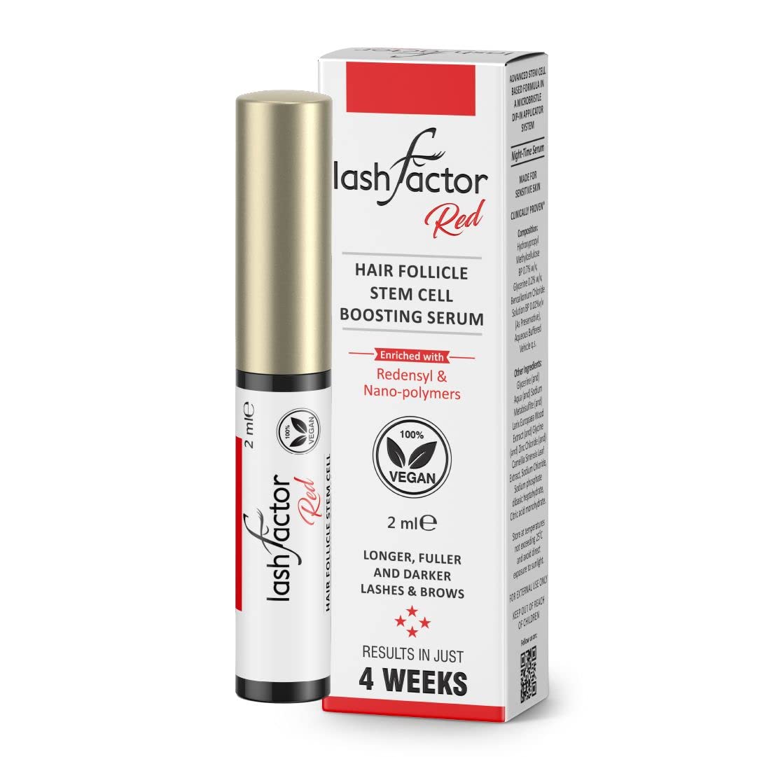 Lashfactor Red, Hair Follicle Stem Cell Enhanced Lash & Brow Growth Serum for Strong Dense Long Natural Eyelashes