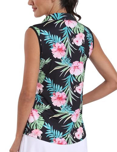 MoFiz Women's Sleeveless Golf Polo Shirts 1/4 Zip Floral Tennis Workout Golf Tank Top3