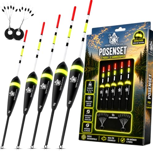 Njord Kalastus Angel Posen Set 5 Stück mit 12x Posenstopper 2g/3g/4g/5g/6g Posen Angeln Laufposen Angeln Universal Posen Forellen Posen Friedfisch Posen Schwimmer Angeln Zubehör