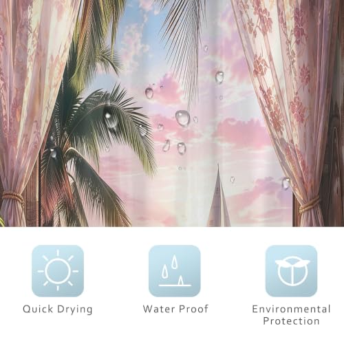 Image of Small Stall Beach Coastal Shower Curtain Pink Ocean Sunset Bathroom Decor | 36Wx72H Inch Single Narrow Bathroom Decor Fabric Polyester Waterproof 7 Pack Hooks