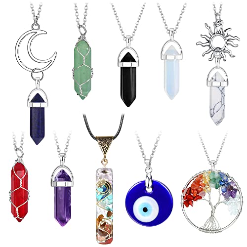 Dochais 10 Stück Sechseckige Kristall-Anhänger mit Ketten, Energiestein Halskette, Kristallanhänger Edelstein Halsketten, Evil Eye Chakra Amethyst Baum des Lebens Halsketten für Frauen Mädchen Cover
