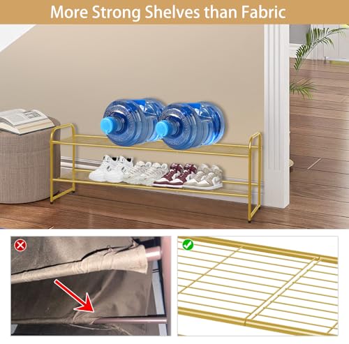 Image of KEETDY 2-Tier Long Shoe Rack for Closet Metal Shoe Organizer for Entryway, Wide Stackable Shoe Storage Shelf with Sturdy Wire Grid for Closet Floor, Bedroom, Gold
