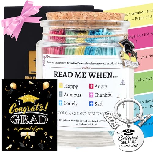 Christian Graduation Gifts to Him - 4Pcs Religious Graduation Gifts, Bible Verse Jar, Keychain, Congrat Grad Cards, High Shool College Master Phd Graduate Gift for Son Grandson Nephew