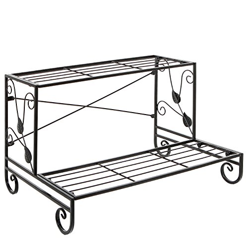 Mygift 2 Tiered Rectangular Black Metal Plant Stand Indoor Rack For Planter Pots, Display Shelf Rack With Scrollwork And Leaf Design #TOP2