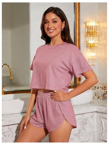Image of OYOANGLE Womens Pajama Sets 2 Piece Sexy Lounge Sets Summer Cute Pjs Striped Print Tee and Side Split Shorts Set