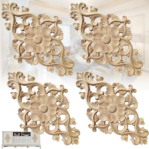 Mikqky 4 Piezas Apliques Florales En Madera, Onlay Calcomanías Estilo Europeo, Bricolaje Tallado Para Gabinetes De Pared y Decoración De Muebles