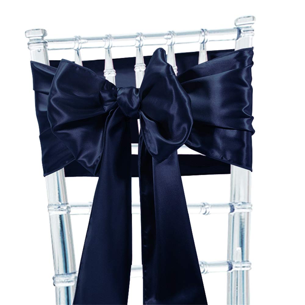 Time to Sparkle 100pcs Satin Chair Cover Sashes Bow Tie Ribbon Table Runner Wedding Reception Decoration - Navy Blue — image 1