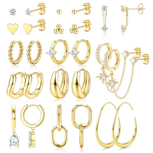 BESTEEL 13Pairs Small Hoop Earrings for Women - Hypoallergenic 14K Gold Plated Stud Huggie Earings Stacks Set for Multiple Piercing Dainty Non Tarnish Cartilage Jewelry Pack Trendy Lightweight Gift