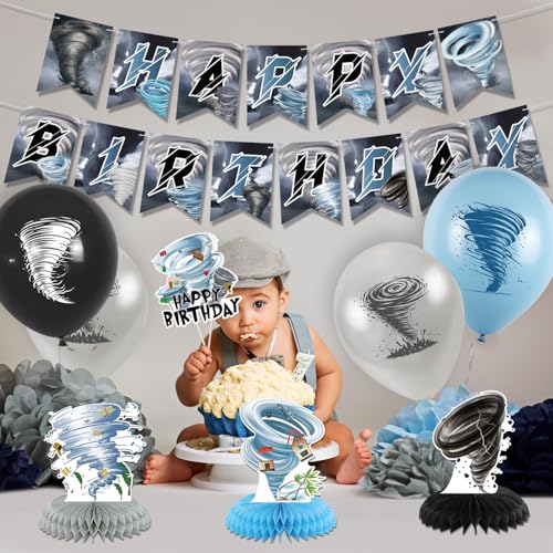 Image of Tornado Birthday Party Decorations - Tornado Party Supplies including Happy Birthday Banner, Spirals, Cake Toppers, Table Centerpieces, Balloons, Tablecloth (LQ)