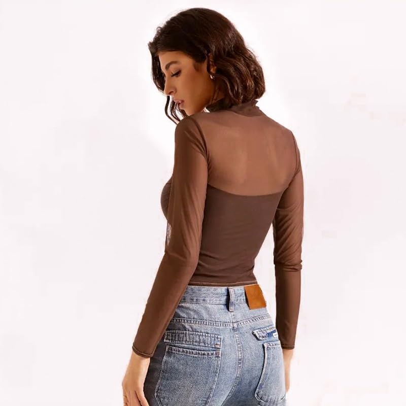 Camicetta da Donna a Maniche Lunghe con Collo Sexy e Camicetta con Maglie Trasparenti e increspate alla Moda(Brown,M)