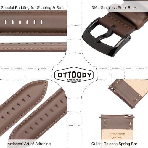 Image of OTTOODY Leather Watch Bands Quick Release, Elegant Top Grain Leather Watch Straps for Men & Women, Choice of Color & Width - 18mm, 19mm, 20mm, 21mm or 22mm Wristbands Bracelet for Watch & Smartwatch
