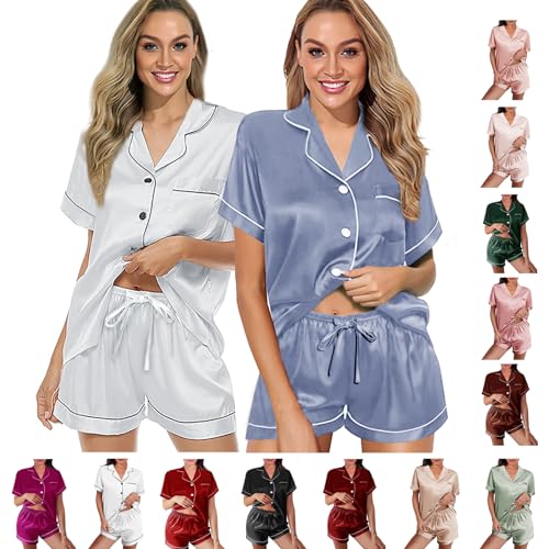 2 Pack: Silk Pajamas XS-2XL Womens Satin Pajama Set Bride Soft Pj Lounge Sets Pjs Shorts Set Short Sleepwear4