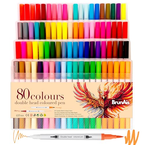 BRUNAIS Rotuladores Lettering - Rotuladores Doble Punta Pincel y Fina para Mandalas y Sombrear - Lettering kit Para Niñas - colores para pintar - Tinta a Base de Agua