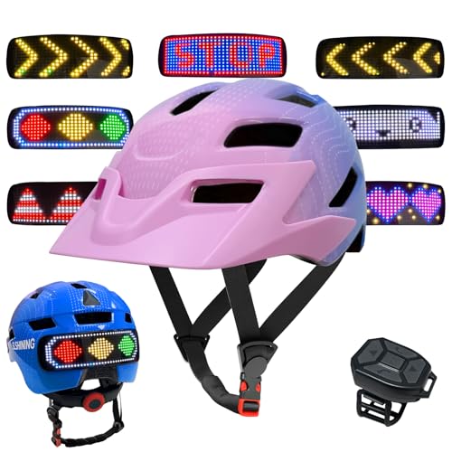 MOYACA Kids Bike Helmet with LED Lights, Remote Control Turn Signals Safety Helmet Back Light for Youth Mountain Cycling Scooter Skateboarding, Adjustable and Lightweight for Boys Girls, Pink