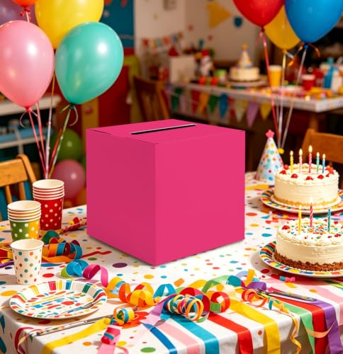 Image of SietDESEO Hot Pink Card Box for Graduation Large Gift Card Box Holder 9.8 inch x 9.8 inch Money Cards Box Diy Card Box for Wedding Reception Baby Shower Birthday Cards Box Holder