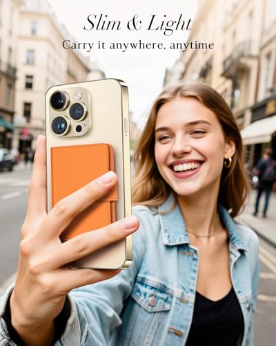 Image of Shorogyt for Magnetic Phone Wallet Compatible with Magsafe Card Holder - Luxury Slim Leather Mag Wallets for Women Men Fit 4 Cards, for iPhone 17 /16 /15 /14 /13 /12 Series, Lychee Orange, 2.5 inch x 0.3 inch x