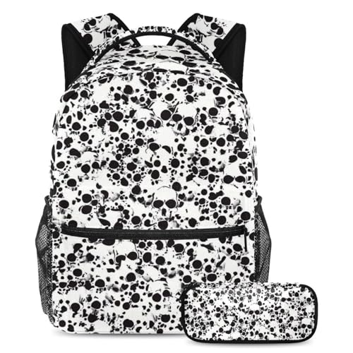 Cartable squelette abstrait avec sac à dos et trousse noir et blanc pour la rentrée