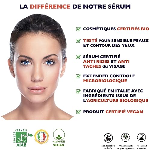60 ml Bio Sérum Visage à la Vitamine C, Acide Hyaluronique Pur, Vit. E, B5 et Niacinamide. Anti-Rides, Anti-Taches, Anti-âge et Hydratant. Soin Visage Vegan & Cruelty Free.Testé Dermatologiquement – Image 4