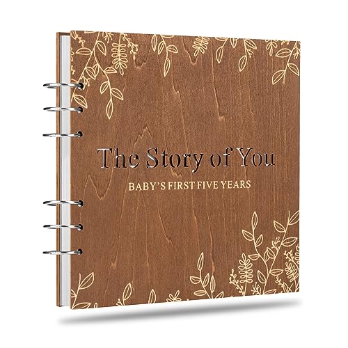 Image of Wooden Keepsake Baby Memory Book Boys & Girls, First 5 Years Baby Book Journal Memory Album Photo Book, Gender Neutral Baby Milestone Scrapbook from Pregnancy to Age 5, Keepsake Gift for New Parents